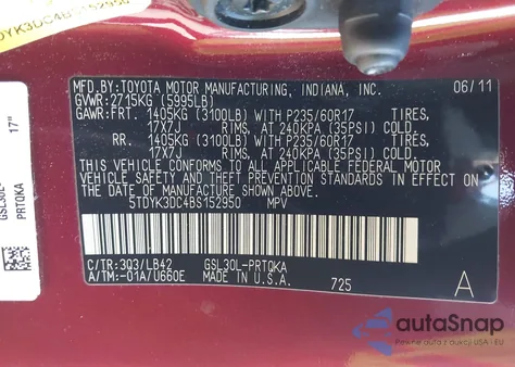 2011 Toyota Sienna Xle V6 from USA, damaged, VIN 5TDYK3DC4BS152950